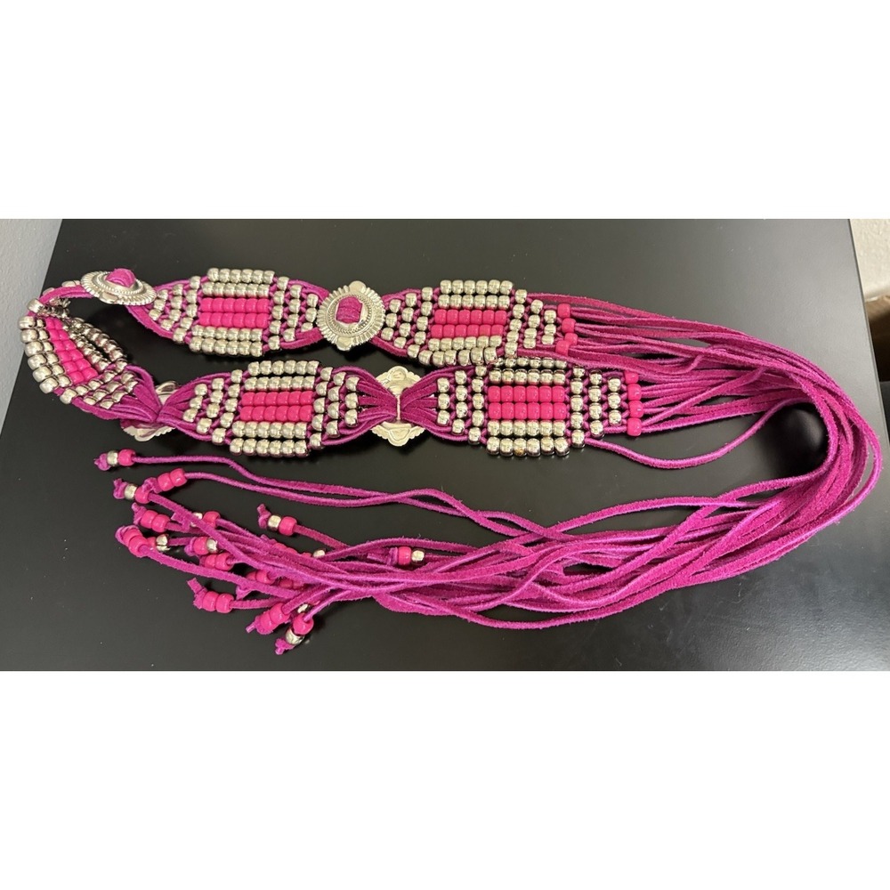 Vintage Charmant Belt Long tussles Pink, Bright‎ Velvet With Metal Beads Western